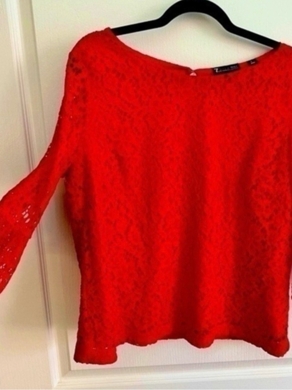 New York & Company Red Lace Boatneck Long-Sleeve Blouse